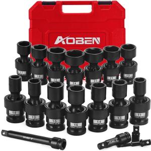 AOBEN 18 PCS 1/2" Drive Shallow Universal Impact Socket Set, Swivel Socket with Flexible Wobble, 6 Point, Metric,10-24mm,Cr-V Steel, Includes Extension Bars and Adapter