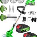 Electric Weed Wacker Cordless, 21V Weed Cordless Eater Battery Powered, with 2Pcs 4.0Ah Batteries, Stringless Brush Cutter, Lightweight Foldable Grass Trimmer, 3 Types Blades, Green