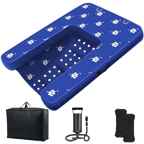JUOIFIP Inflatable Dock Platform, Dog Boat Ramp Floating Non-Slip Oxford and PVC with Water Ramp for Dogs Pool, Dock, Lake,Boat, with Traction Rope, Inflation Pump Blue (4.7ft x 3ft x 6in)