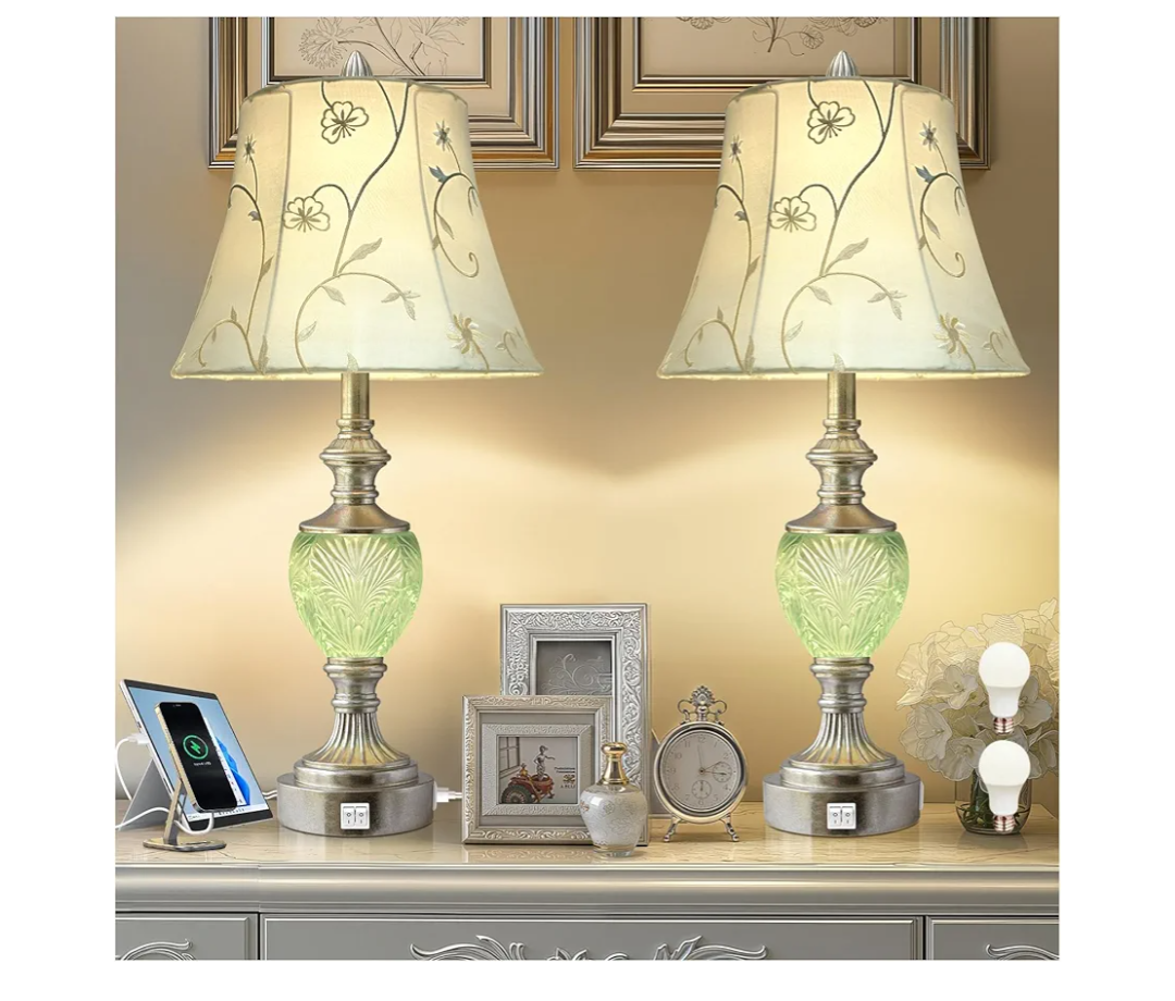 Bedside Table Lamp Set of 2 with Nightlight and USB A+C Ports, 27'' High Vintage Table Lamps with Silver Leaf Finish and Embroidered Shade, Nightstand Lamps Decor for Bedroom Living Room Home Office