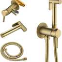 SHAMANDA Warm Water Bidet Sprayer for Toilet with Hot and Cold Brass Rough-in Valve, Stainless Steel Round Handheld Bidet Attachment Set for Feminine, Pets and Baby Diaper Wash, Brushed Gold, BDS09-3
