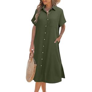 Zeagoo Women Dresses Summer Casual Short Sleeve Button Down Shirt Dresses 2025 Beach Cover Up with Pockets, XL, Army Green