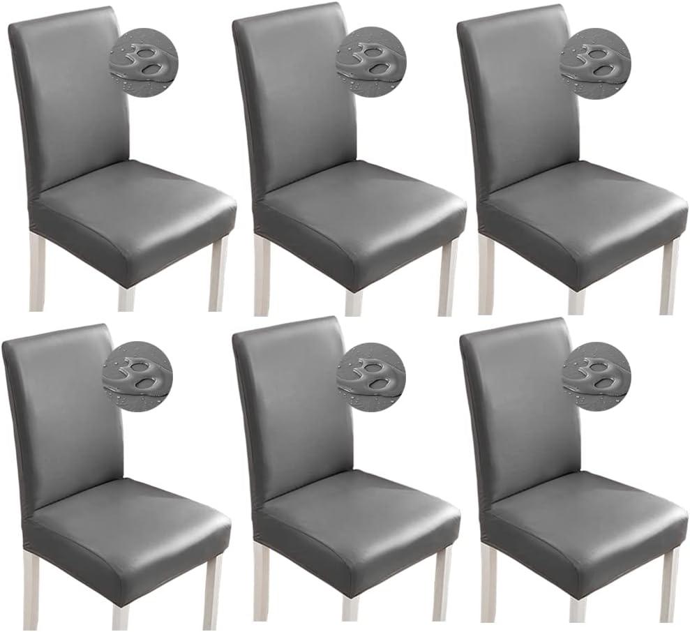 Shukii Stretch Dining Chair Covers - Waterproof PU Leather Slipcovers - Universal Chair Protectors for Dining Room, Kitchen, Hotel (Set of 6, Gray) (Grey)