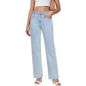 Straight Leg Jeans for Women - High Waisted Wide Leg, Y2K Loose Fit Denim Pants with Pockets 90s Ice Blue, Size 14
