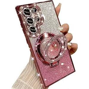 Samsung Galaxy S23 Ultra Glitter Kickstand Case, Luxury Bling Sparkly Diamond Rhinestone with Camera Protector Liquid Ring Stand Women Girls Clear Phone Case for Galaxy S23 Ultra (Pink)