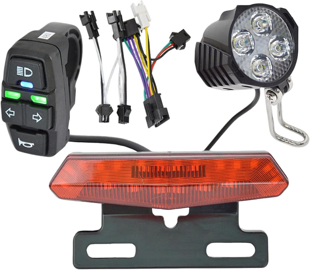 36V 48V Ebike Light Kit, Electric Bike Headlight Horn 100dB, Ebike Tail Light with Turn Signal, Fits Rear Rack Mount Holes 50mm 80mm