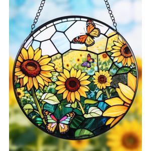 Stained Glass Window Hanging, Sunflowers Suncatcher 7.8 in Sun Catcher Glass Panel Boho Wall Art Decor with Chain Diamond Glass Panel Hangings Scenery Sun Catchers Decor for Lover Couple Mom