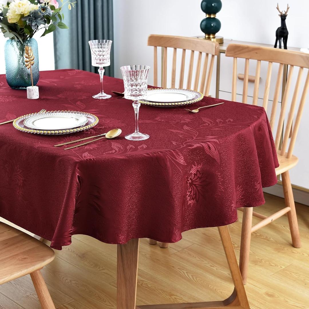 Wolkemer Shiny Oval Jacquard Tablecloth 60 x 102 Inch Red Wine Floral Countryside Leaves Damask Patterns Table Cloth Glossy Fabric Table Cover for Dinner Kitchen