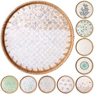 Round Rattan Tray with Mother of Pearl Inlay & Wooden Base - Decorative Wicker Serving Tray for Coffee/Bread/Fruits, Food Storage & Display - Multipurpose Home Decor (L,Fish Scales)