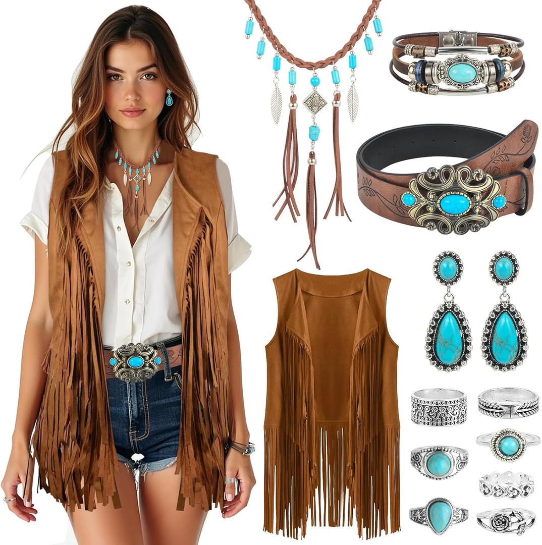 Cowgirl Outfits Kit for Women 12 Pcs Western Cowgirl Jewelry Set for Cosplay (Large)