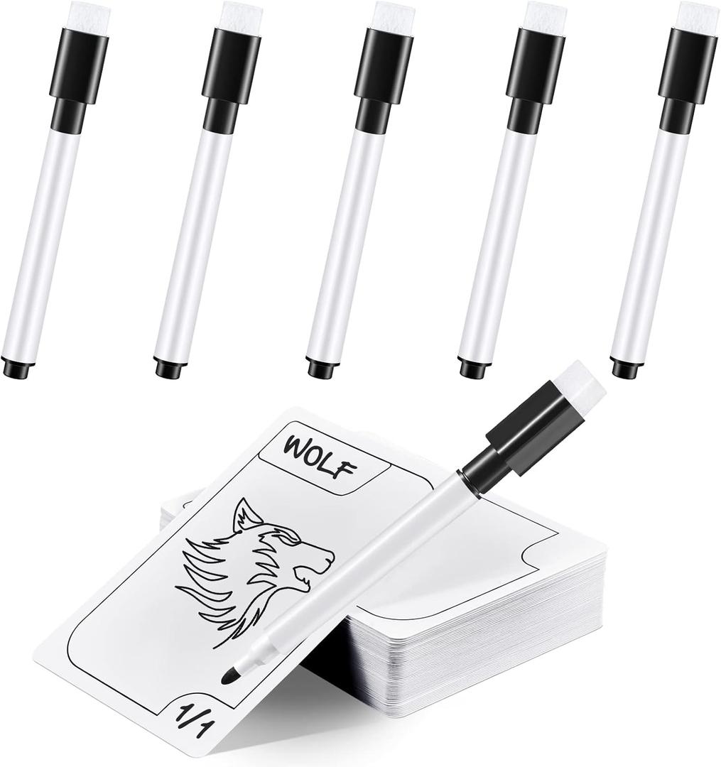 50 Pieces Multifunctional Tokens Reusable Cards Erasable Index Dry Erase White Blank Flash Cards with 5 Pcs Black Marker Pens for Playing Games, Office, Housework
