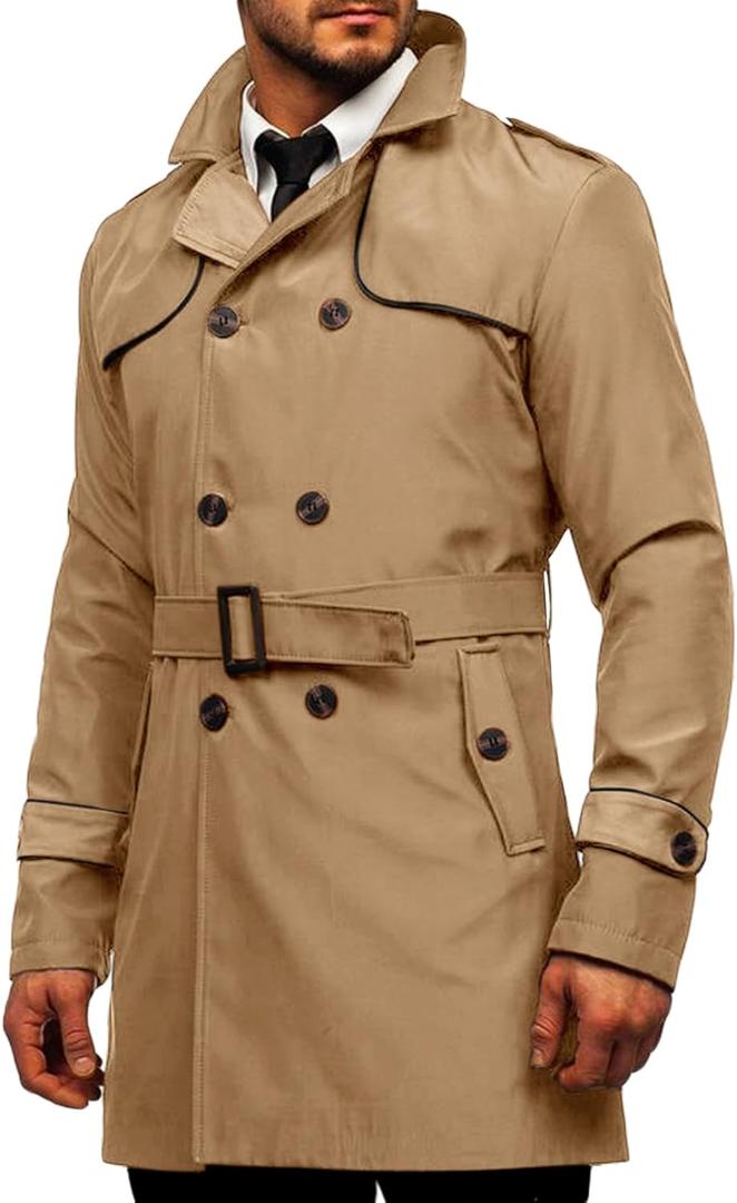 Makkrom Men's Trench Coat Slim fit Double Breasted Notched Lapel Belted Windbreaker Long Jacket Casual Windproof Overcoat (Large, Brown)