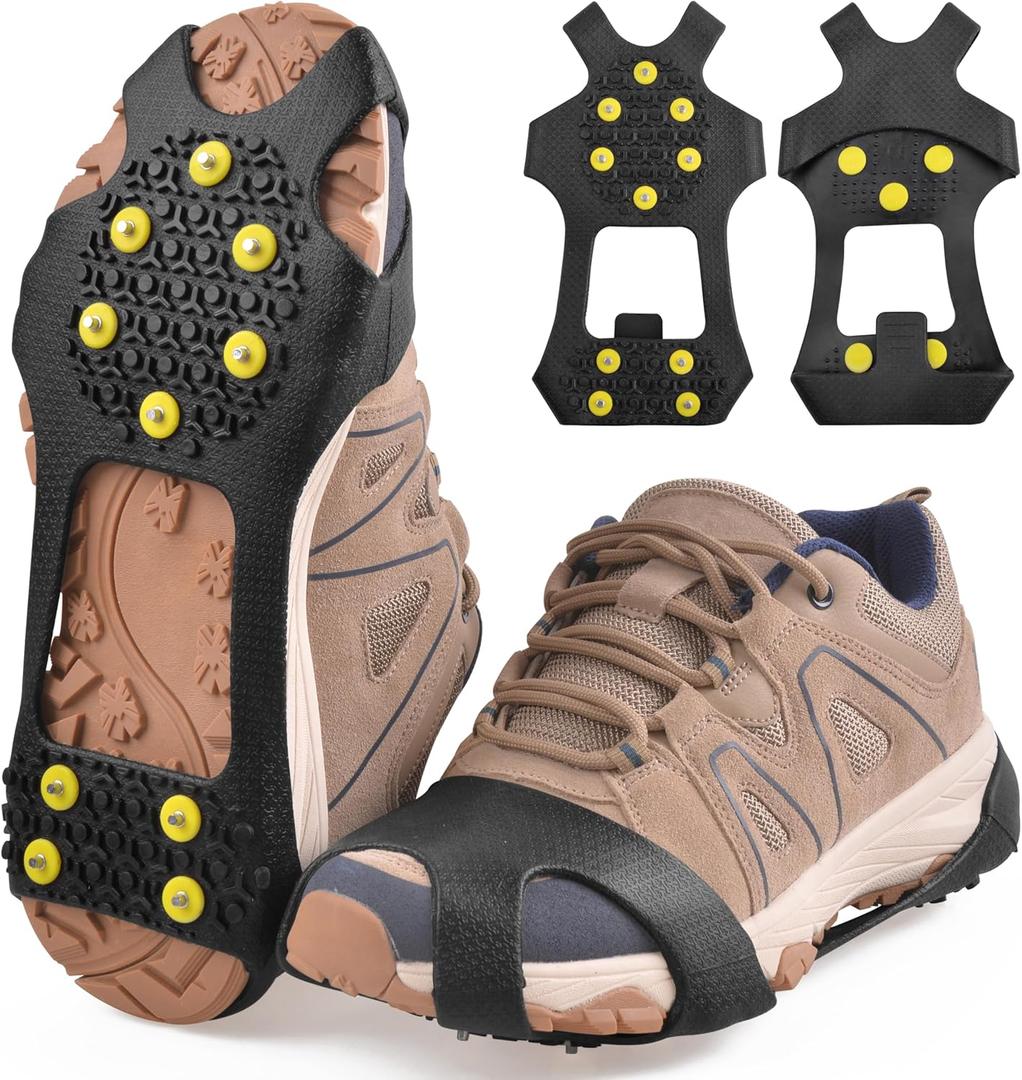 Ice Cleats Snow Traction Cleats, 10-Studs Walk Traction Cleats Crampons for Walking on Snow and Ice Anti Slip Rubber Walking Cleats Slip-on Stretch Footwear for Women Men Kids (Large(7-9.5 Men/8.5-11 Women))