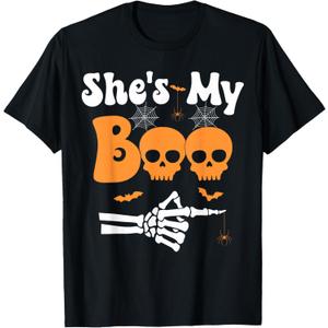 Shes My Boo Skeleton Couples Matching Couple Halloween T-Shirt, Black, Size L