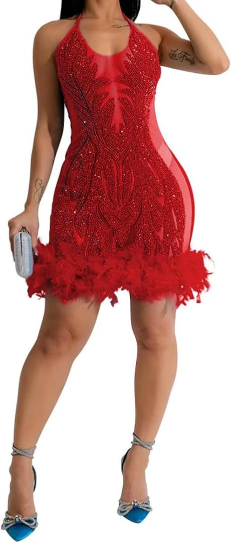 WOKANSE Birthday Dresses for Women Sexy Halter Sleeveless Sequin Mesh See Through Feather Cocktail Party Dress Clubwear (Small, Red)