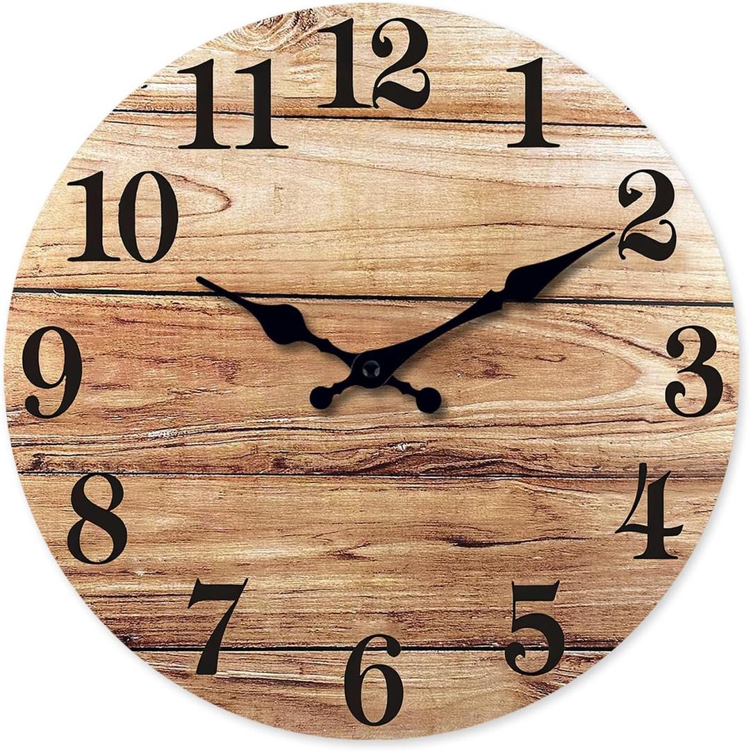 XNM Round Wood Wall Clock for Kitchen 12 Inch Farmhouse Small Wall Clocks Battery Operated Brown Wall Clock Silent (MDF No Solid Wood)