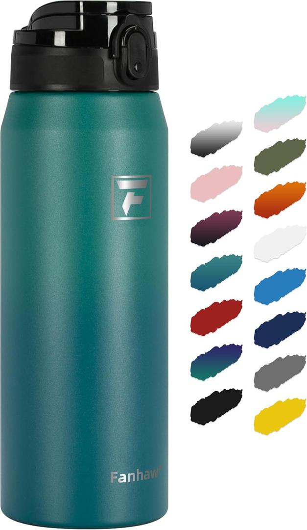 Fanhaw 24 Oz Insulated Stainless Steel Vacuum Water Bottle with Anti-Dust Pop-Open Lid - For Kids, Women, Men | Leak & Sweat Proof (Green Blue)