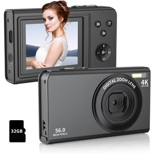 Digital Camera,56MP FHD 1080P with 16X Digital Zoom & Anti-Shake, 2.8" Screen Compact Point and Shoot Camera for Kids Teens Beginners, Includes 32GB SD Card, Portable for Travel Photography (Black)