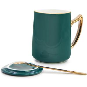 TOSSOW Matte Ceramic Coffee Mug with Spoon and Lid,Top Gold Trim and Gold Handle CupDishwasher Safe,15 0Z(450ml),(Blackish Green)