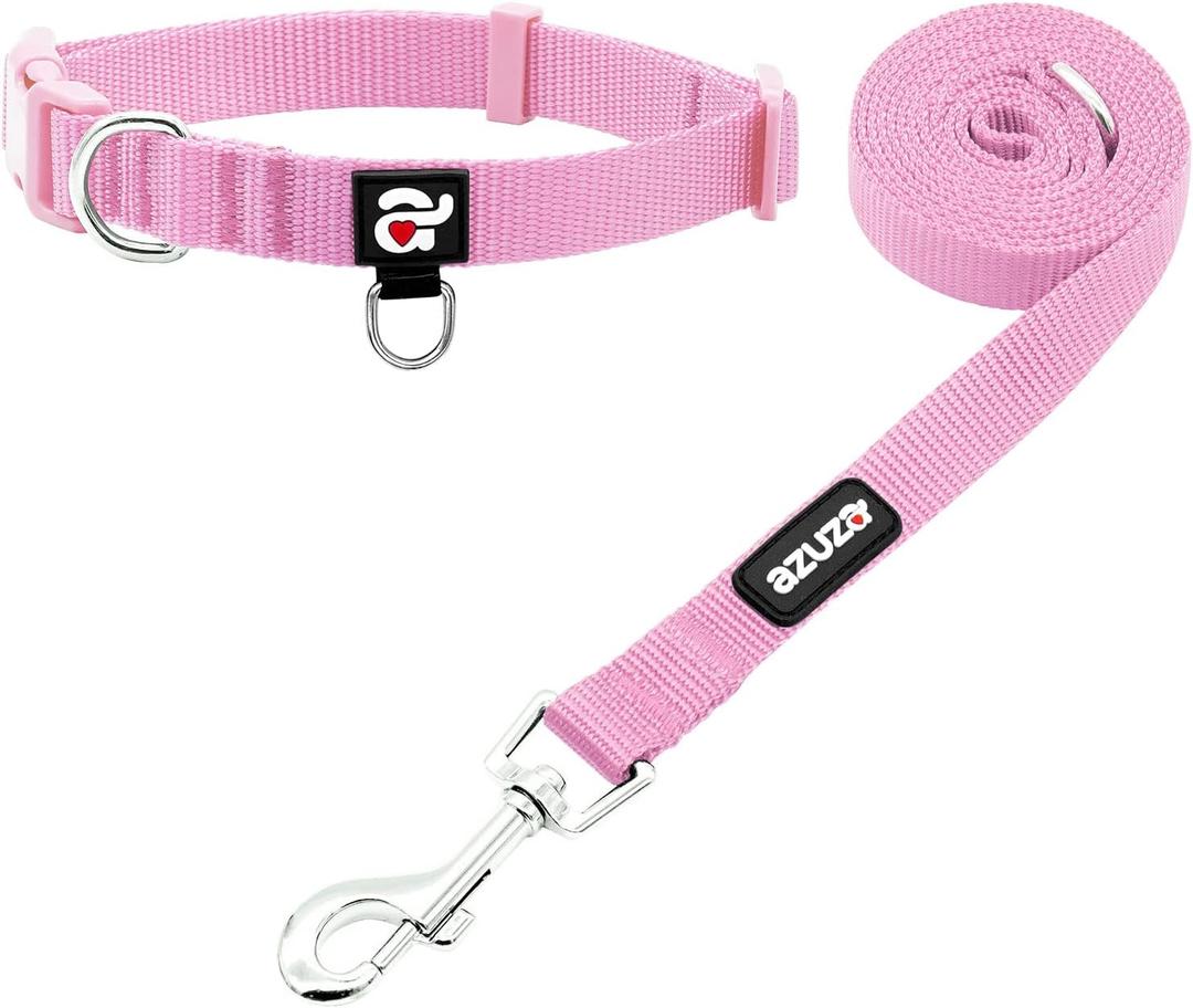 azuza Nylon Dog Collar and Leash Set, Strong & Durable Basic Style Leash and Collar with ID Tag Ring, Pink,M (M (Neck: 14"-20"))