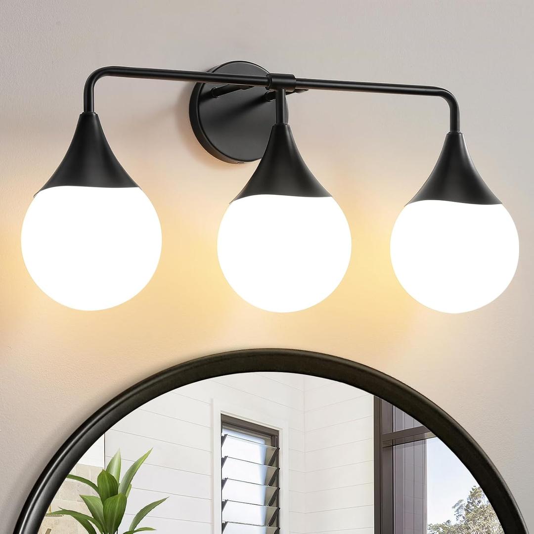 Bathroom Vanity Light Fixtures: 3 Lights Mid Century Modern Bathroom Lighting Fixtures Over Mirror - Matte Black Wall Sconce with Milky White Globe Glass for Bath Living Room