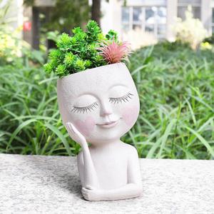 Large Face Flower Pot Head Planter for Indoor and Outdoor Cute Plant Pots with Drainage Hole Resin Cactus Plant Holder Succulent Pots for DIY (White)