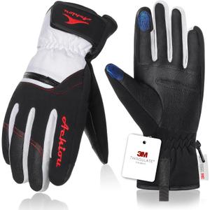 Achiou Ski Snow Gloves Winter Warm 3M Thinsulate Waterproof Touchscreen Men Women (White, XL)