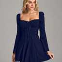 EYNMIN Long Sleeve Mini Dress Lace Sweetheart Neckline Flowy A Line Short Going Out Dresses for Women Navy (Blue)
