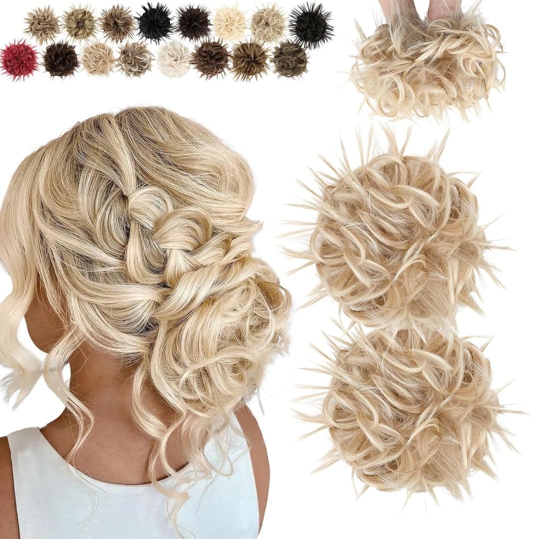 2PCS Messy Bun Hair Piece - Large Elastic Wavy Curly Hair Bun Scrunchies Ponytail Extensions Synthetic Chignon Thick Updo Hairpieces for Women 2.12oz each (Light Blonde Mix Bleach Blonde)