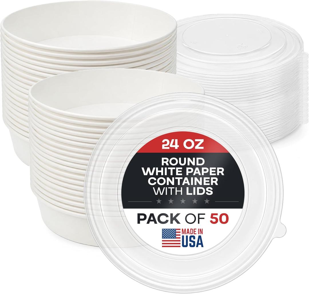 24oz Round White Paper Bowls (50-Pack) - Water & Oil Proof, Disposable