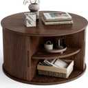 LINSY HOME Round Coffee Table, 31.5" Drum Coffee Table with Sliding Tambour Door, Fluted Accent Center Table with Storage, Mid Century Modern Coffee Table for Living Room, Walnut