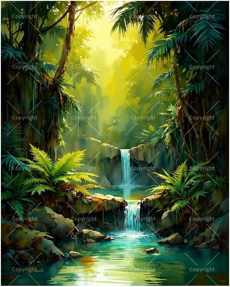 Rainforest Paint by Numbers Kit for Adults - DIY Jungle Waterfall and Tropical Plants Painting on Canvas 16x20 Inches, Acrylic Paint Set, Suitable for Beginners, Art for Home Decoration or Gifts