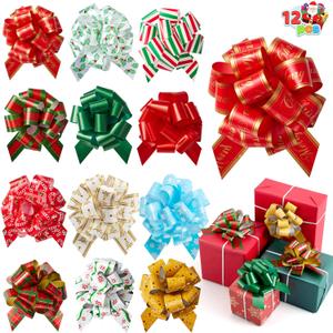 JOYIN 12 PCS Large Christmas Pull Bows with Ribbon 5 Wide for Gift Wrapping and Tags, Christmas Tree, Bottles, Boxing Day Decorations, Holiday Dcor Present Wrapping