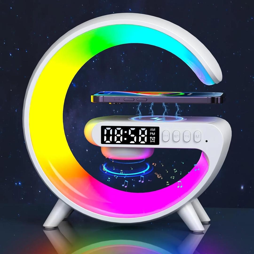 Bluetooth Speaker Wireless Phone Charger Station, G Shaped Music Lit Lamp, Colorful Atmosphere Light Wireless Charging And Alarm Clock, RGB Night Light for Bedroom, Office, Home Decor (White)