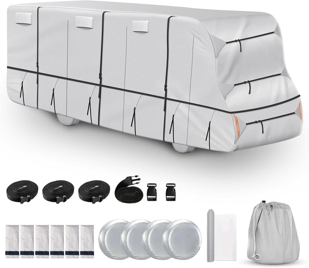 420D Top Class C RV Cover Fits 29'-32' Waterproof Rip-Resistant Anti-UV Motorhome Camper Cover for Winter Snow with Jack Cover 4 Tire Covers and Gutter Covers