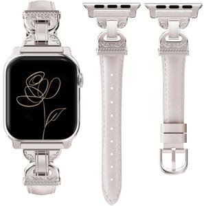 Slim Leather Band Compatible with Apple Watch Bands Women 38/40/41/42mm Dressy Slim Leather Strap with Designer Interlock Buckle Bracelet for iWatch Series 10/9/SE/8/7/6/5/4/3/2/1 Starlight