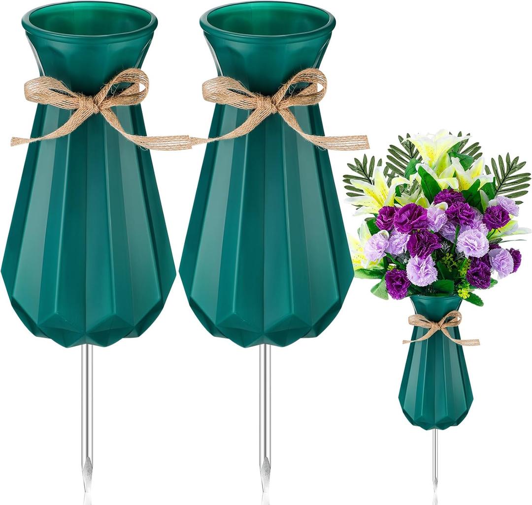 Qinyoung 2 Pcs Cemetery Vase for Grave with Metal Spikes Headstones Memorial Flower Holder Durable Plastic Grave Vases Outdoor Cemetery Decoration for Memorial Gifts Loss of Loved One(Green)