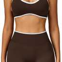 Workout Sets for Women 2 Piece Seamless Color Block Sports Bra High Waist Tummy Control Biker Shorts Gym Yoga Outfits (Small, Coffee)