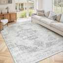 Area Rug 5x7 Washable Rug: Vintage Medallion Living Room Rug Non-Slip Soft Low Pile Retro Carpet for Bedroom Kitchen Dining Room Home Office(Grey, 5'x7')