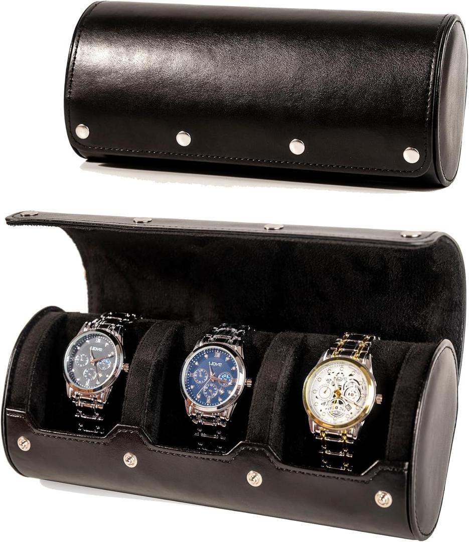 MR.OKAY 3 Watch Travel Case- Classic Leather Watch Case With Superb Texture.Portable Watch Roll Or Organizer For Storage And Display. Men's Great Gift For Traveling, 100% Handmade by Artisans. (Black)