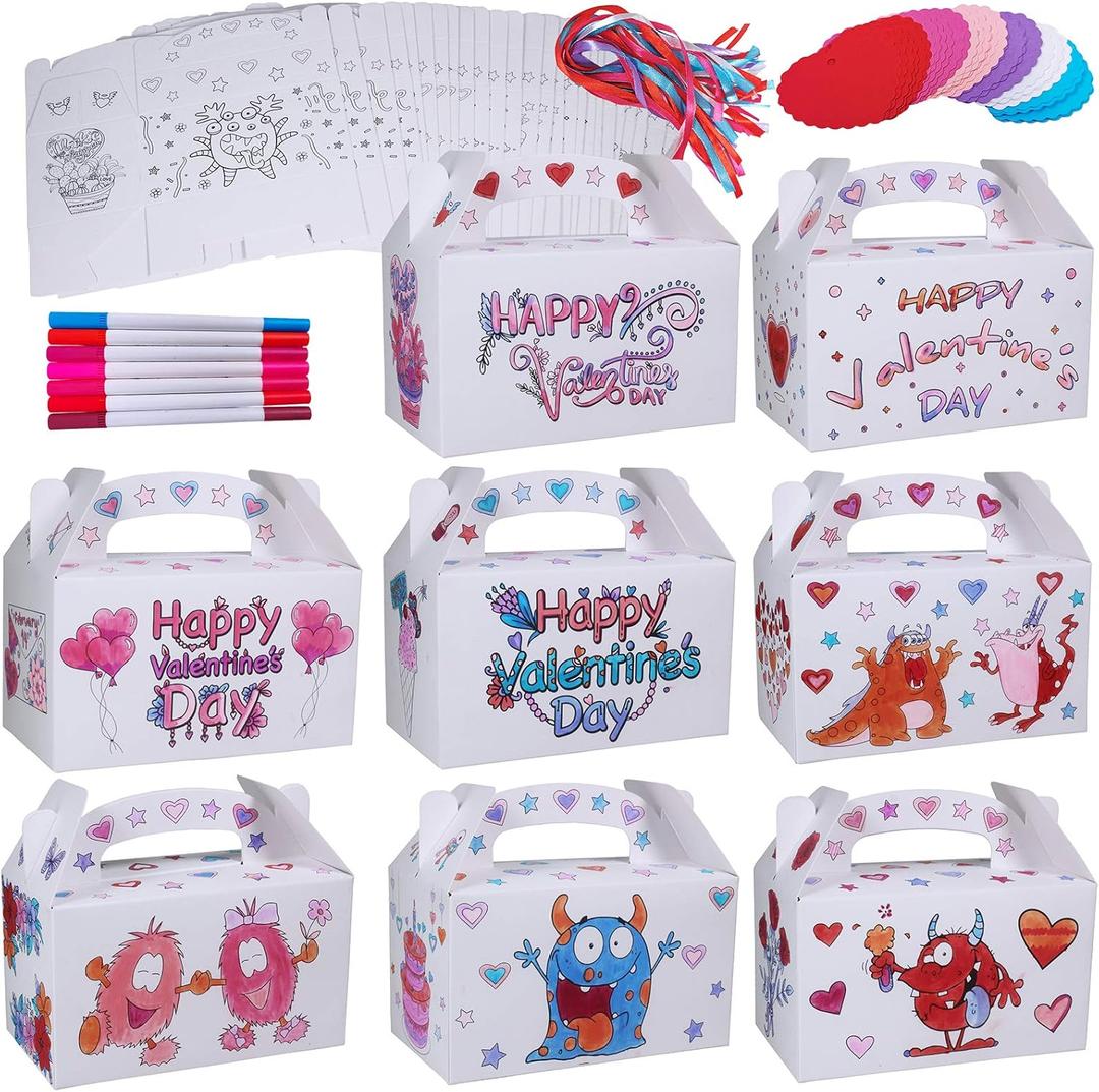 48 Sets Valentine's Day Treat Boxes DIY Color Your Own Paintable Monster Prints Goodie Boxes Party Favor Boxes Valentines Container Candy Box with Heart Tags Bulk for Kids School Classroom Supplies