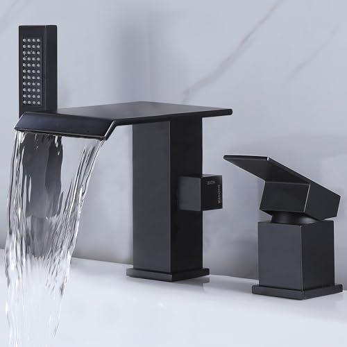 NIITAWH Waterfall Roman Tub Faucet with Hand Shower Matte Black Bathtub Faucet 3 Hole Widespread Tub Filler Deck Mount Solid Brass