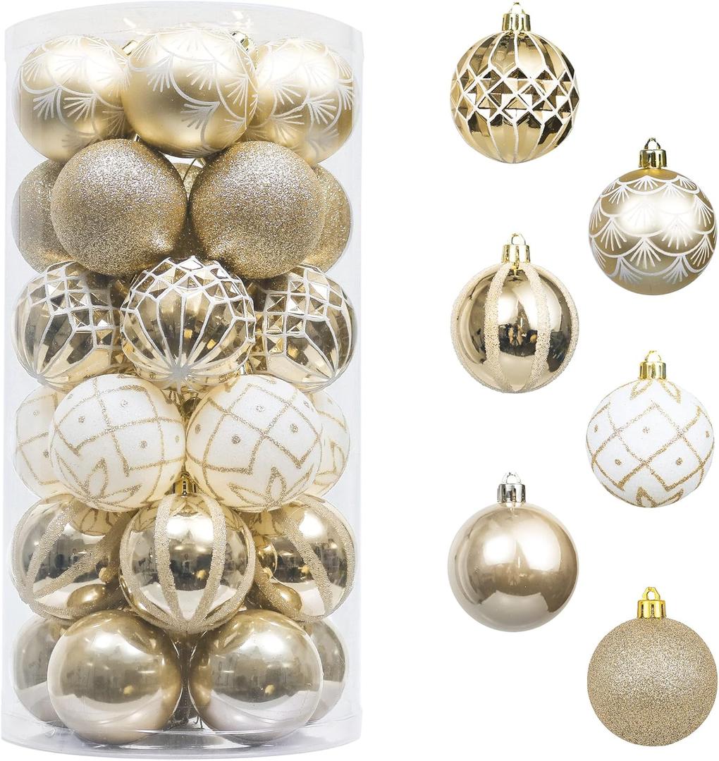 Valery Madelyn Christmas Ornaments Set, 30ct 2.36 Inches White and Gold Shatterproof Christmas Tree Decorations Ball Ornaments Bulk, Elegant Hanging Ornaments for Xmas Holiday Party Decor (Large)