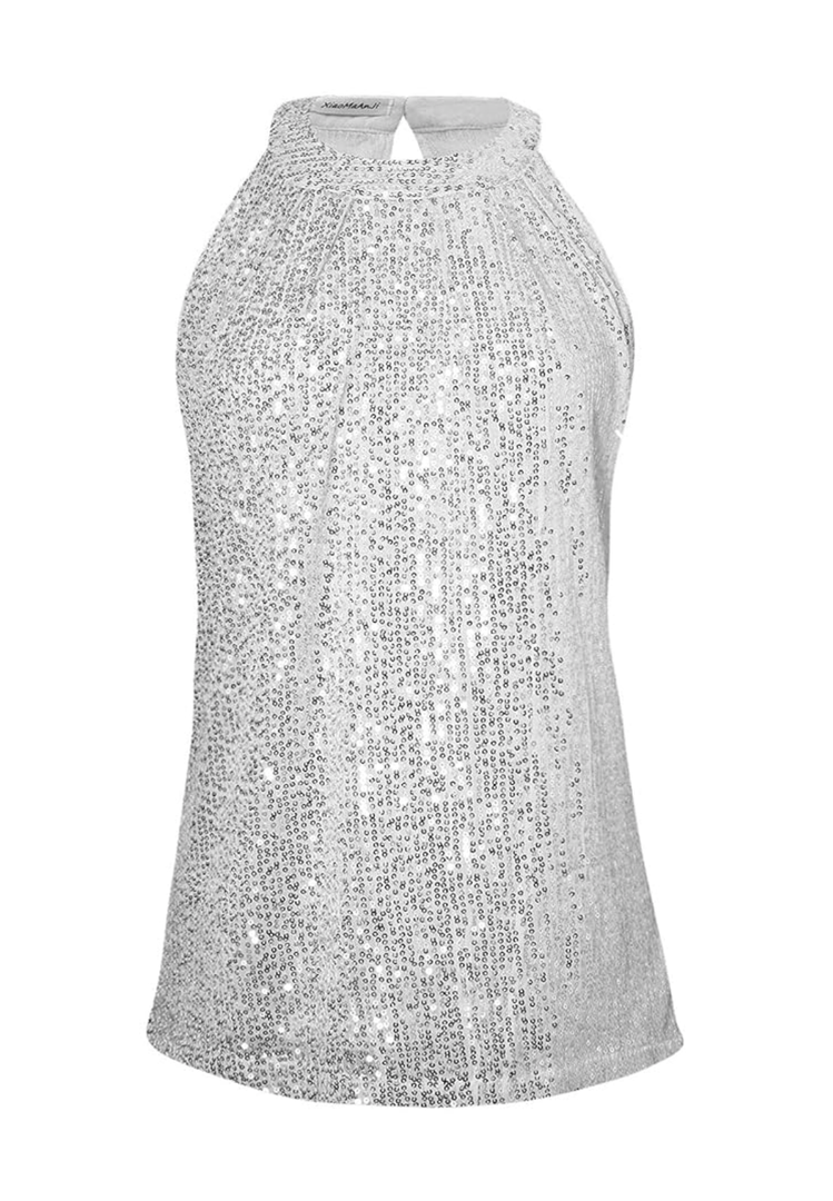 Sparkly Sequin Tops for Women Halter Tank Top Shiny Glitter Club Disco Outfit Sleeveless Dressy Shirt Blouse
Size M