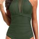 Tempt Me Women One Piece Swimsuit High Neck Plunge Ruched Tummy Control Bathing Suit (Large)
