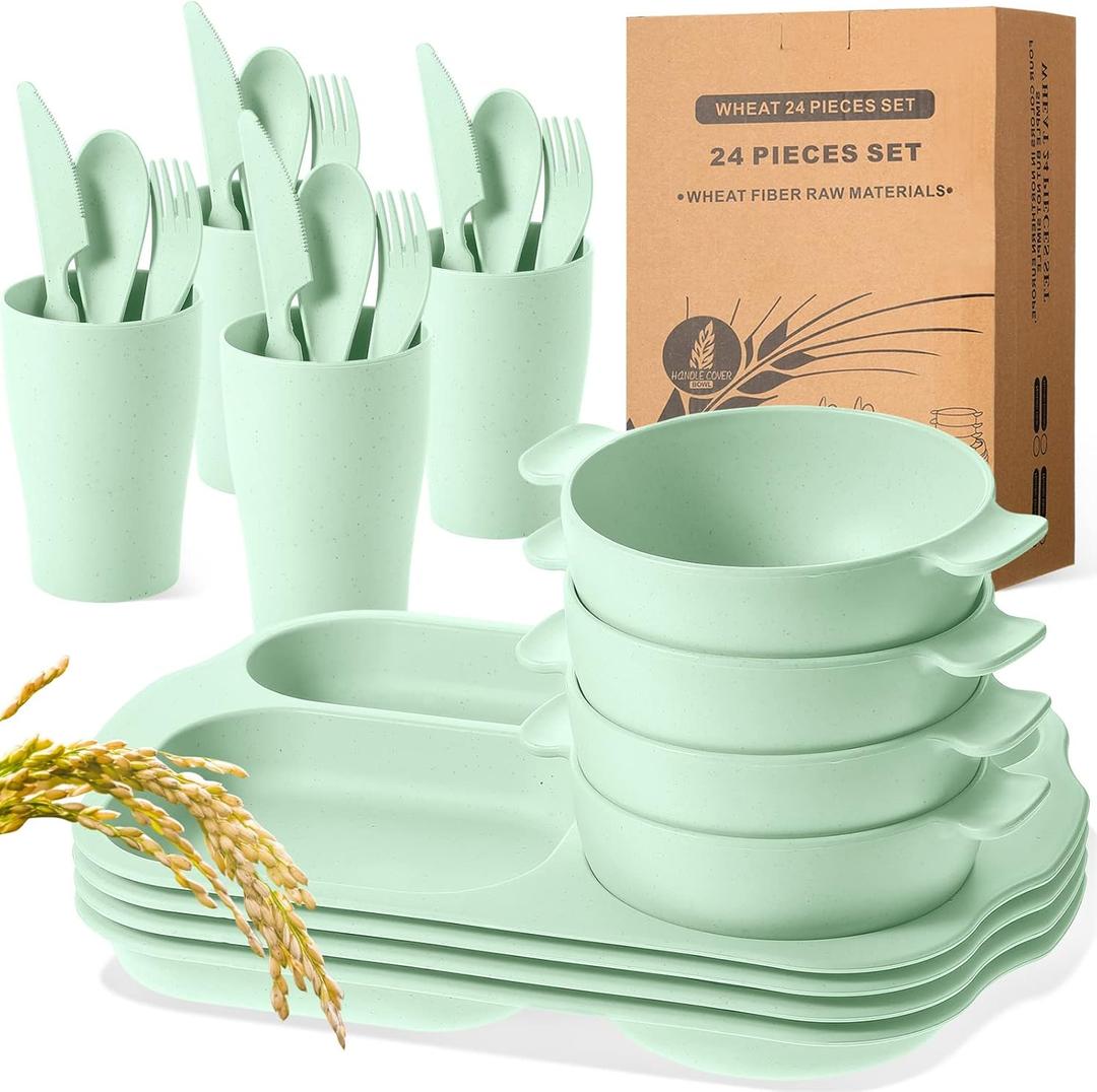 24 Pcs Wheat Straw Dinnerware Cutlery Set for Kids Toddler Aldult Including Divided Plates Microwave Dishwasher Safe Bowl Unbreakable Tableware Straw Cutlery Spoon Knife Fork(Green)