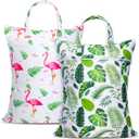 2 Pcs Large Travel Laundry Bag Waterproof with handle Washable Dirty Clothes Bag for Traveling Wet Dry Bag Bathing Suit Workout Bag for Gym Clothes Laundry Wet Clothes Swimming Pool College Dorm (Green Leaf +Flamingo)