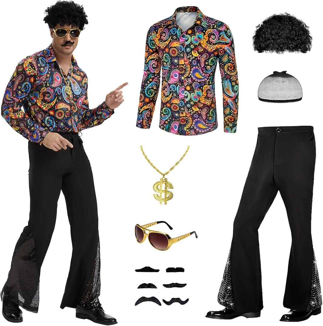 6 Pcs 70s Disco Outfit Costume for Men Dance Bell Bottom Pants Retro Shirts Moustache Sunglasses Wigs Necklace (Small, Colourful)