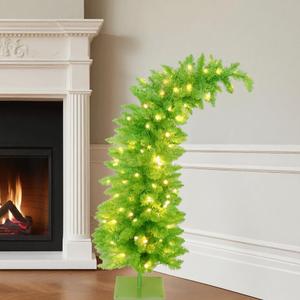 6FT Whimsical Christmas Tree Prelit Curved Shape Artificial Pencil Xmas Tree with Metal Base for Indoor Home Decor (Lime Green)