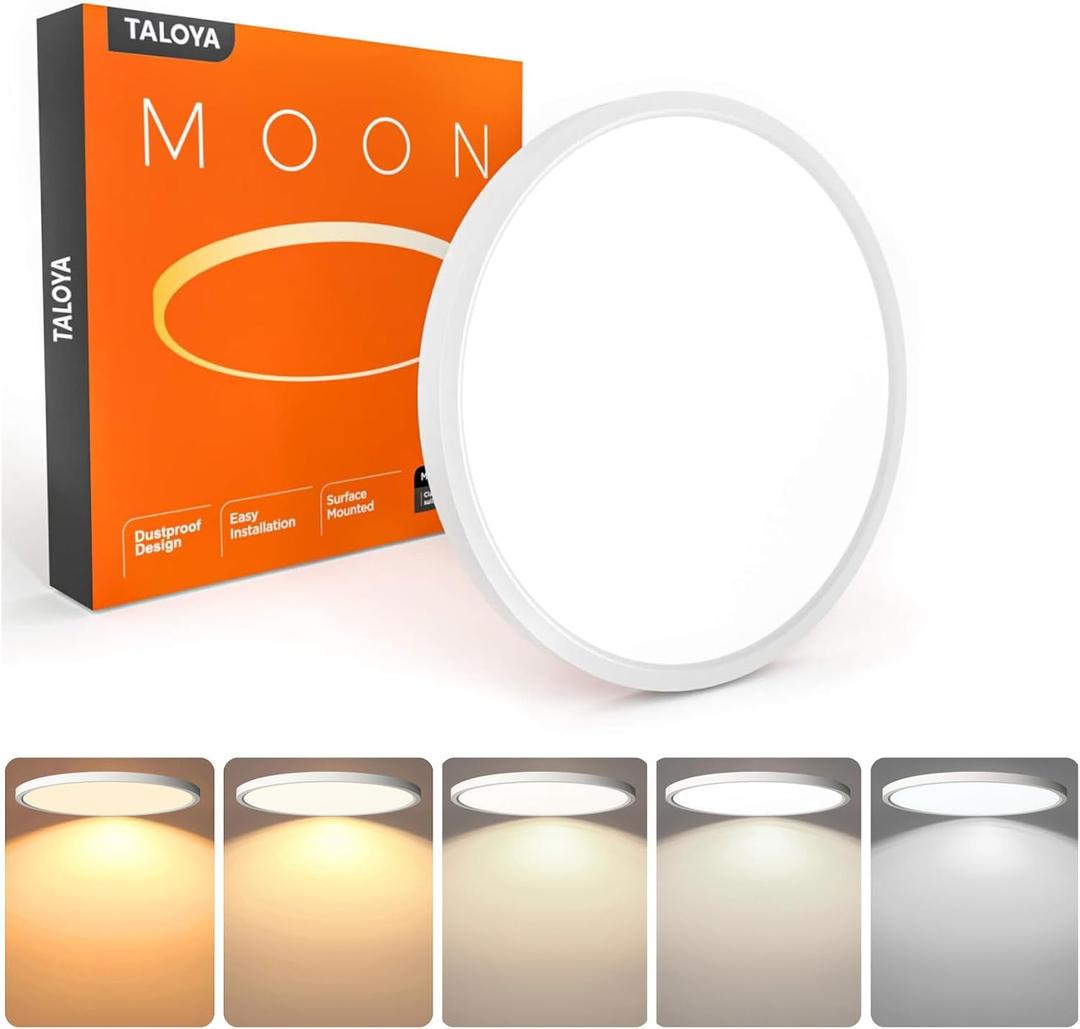 TALOYA Flush Mount 12 Inch Ceiling Light (Milk White Shell), 20W Surface Mount LED Light Fixture for Bedroom Kitchen,5 Color Temperatures in One,0.94 Inch Thickness Round